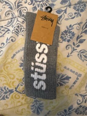 Stussy Gray Crew Socks with White Logo